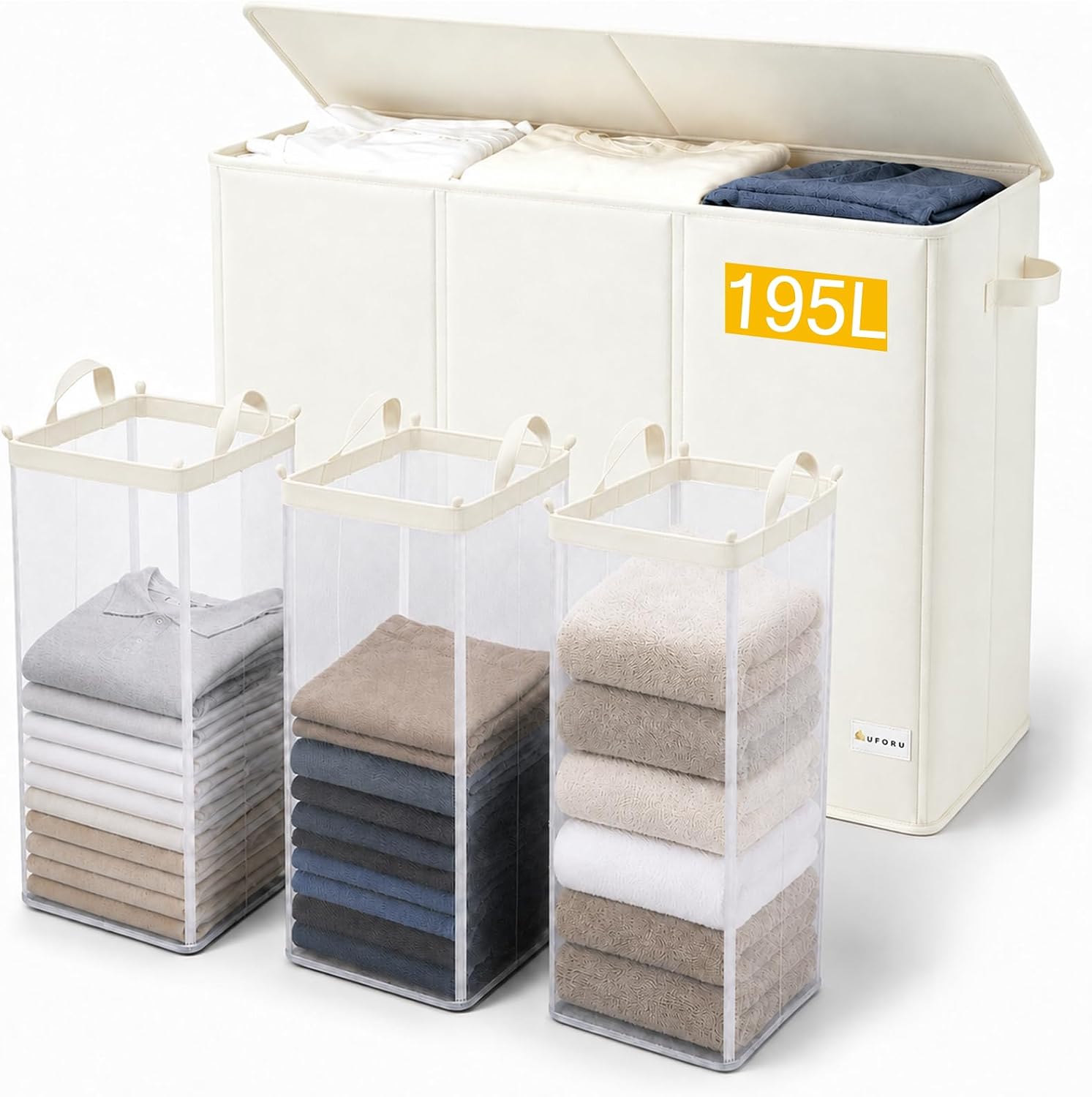 UFORU 195L Laundry Hamper with Lid, 3-Section Sorter for Bedroom & Dorm