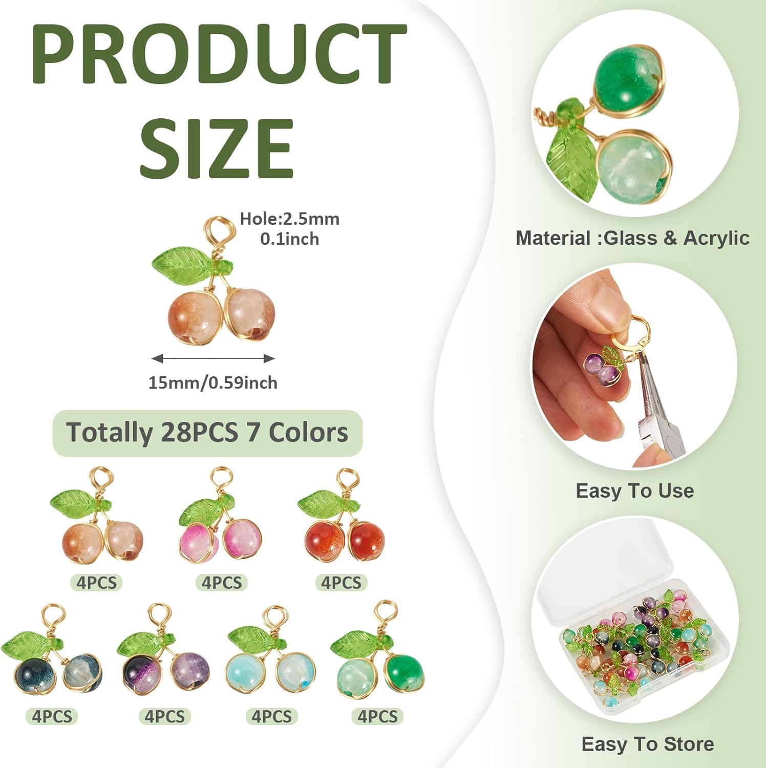 Cheriswelry Cherry Glass Pendants Crackle Bead Dangle Charms Fruit Earring Charms Lovely Hang Ornament for DIY Craft Bracelet Necklace Jewelry Making - Image 4