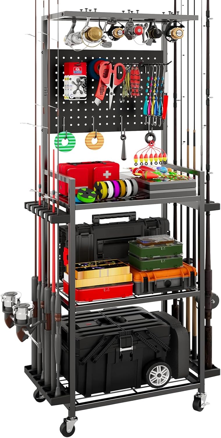 Fishing Rod Holders for Garage, Fishing Rod Storage Rack with Hooks & Wheels, Fishing Pole Holder Organizer, Tackle Box & Reel Storage Black