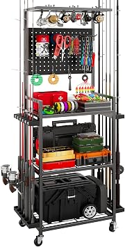 Fishing Rod Holders for Garage, Fishing Rod Storage Rack with Hooks & Wheels, Fishing Pole Holder Organizer, Tackle Box & Reel Storage Black