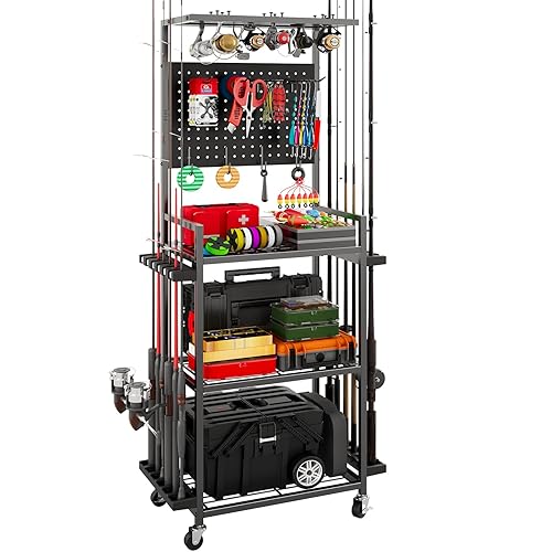 Fishing Rod Holders for Garage, Fishing Rod Storage Rack with Hooks & Wheels, Fishing Pole Holder Organizer, Tackle Box & Reel Storage Black