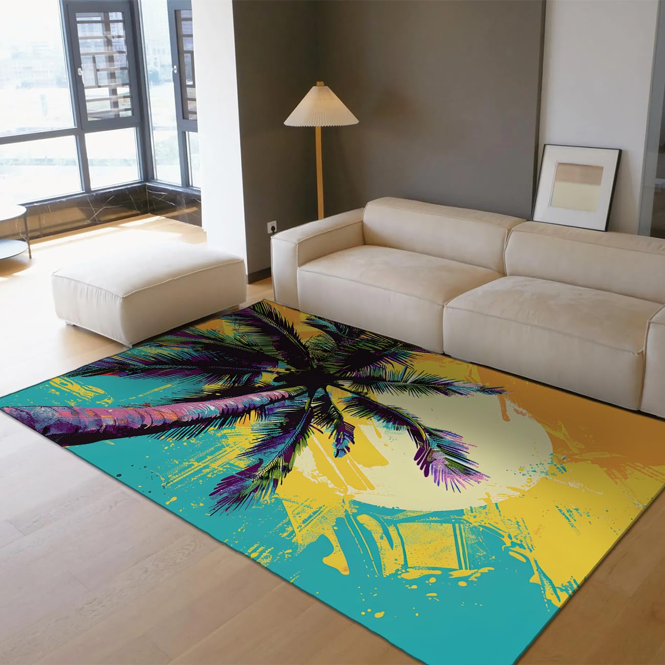 Zmywalne dywaniki 140x200 cm Pop Art Palm Obszar Tropikalny Dywan Zachód Zachód Ocean Niskie Włosy Sylwetka Pociągnięcia Wzór Podłoga Wewnątrz Do Salonu Biura
