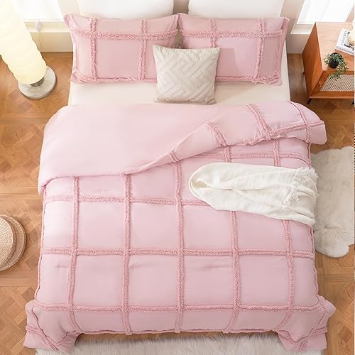 Miniatura 8 de Juego de edredón rosa tamaño Queen, juego de ropa de cama bohemio de chenilla copetuda, ropa de cama bohemia estilo granja Shabby Chic rosa para