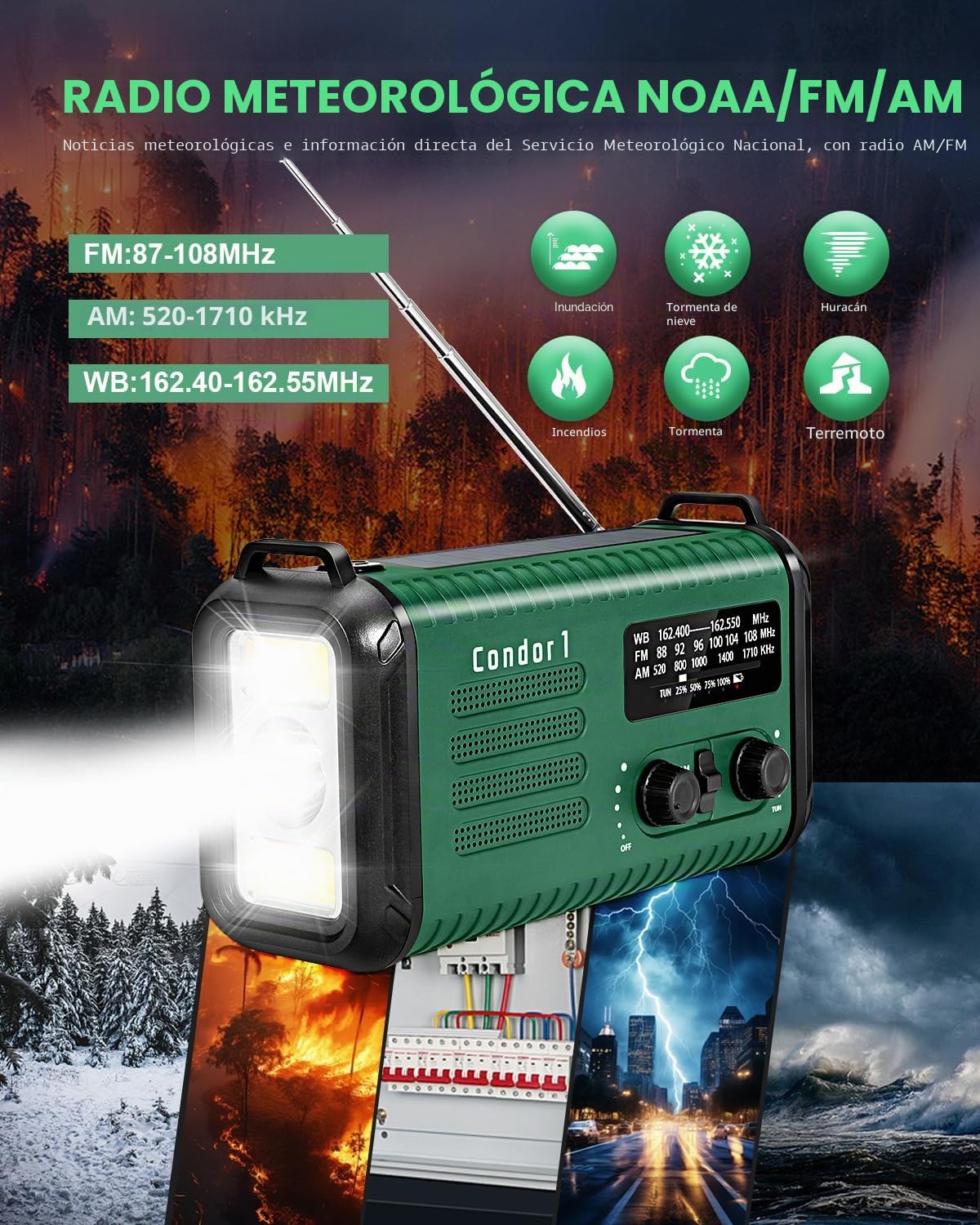 Radio Kurbel de 20000 mAh, radio de notificación solar portátil con amplificador AM/FM, alarma SOS, lámpara de luz LED y lámpara de bolsillo, notificación de caída (Verde militar)