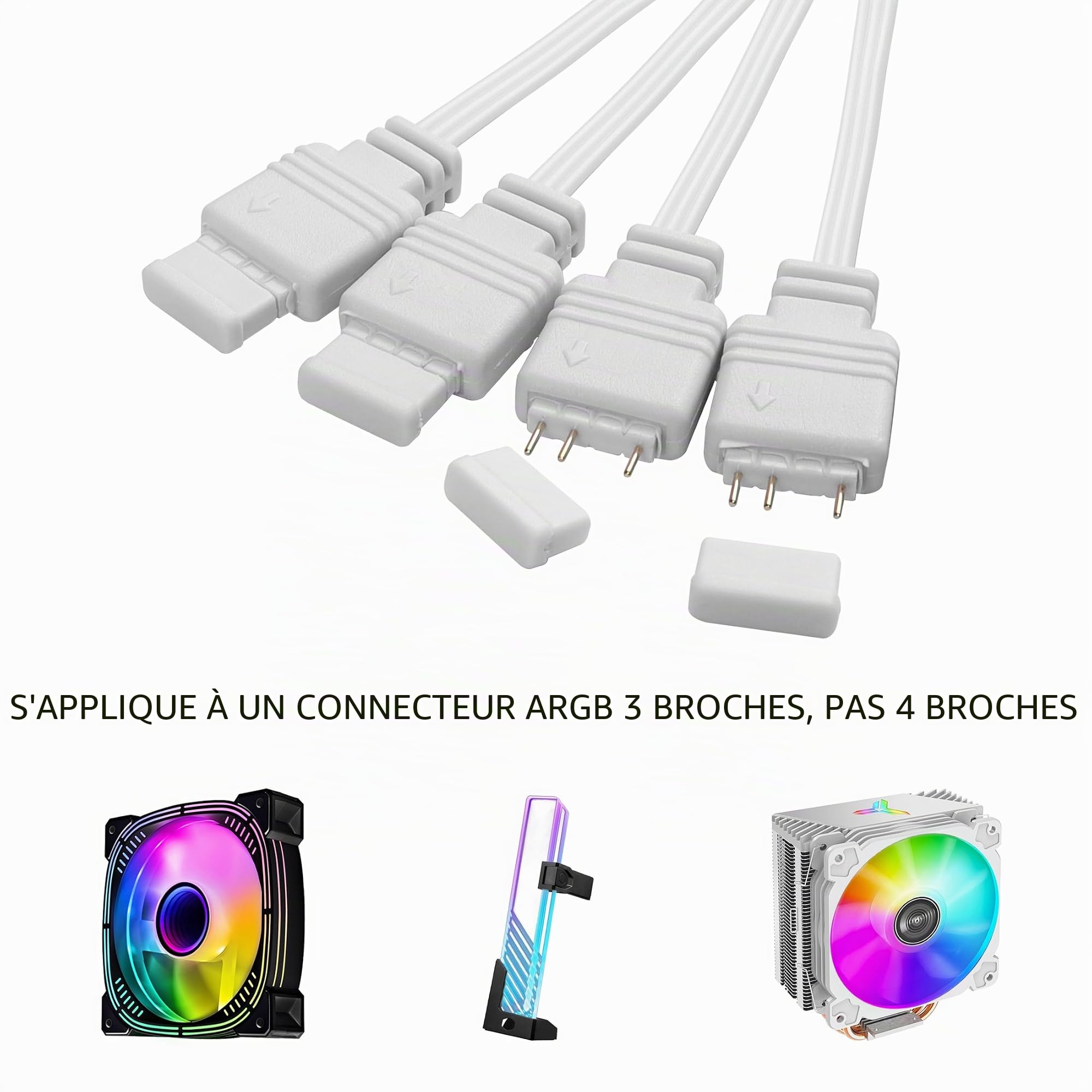 YAODHAOD Câble répartiteur ARGB 5 V 1 femelle vers 4 mâles 3 broches adressable RVB pour châssis d'ordinateur, refroidisseur de processeur et ventilateur ARGB 5 V (1 à 4 (3 broches), blanc)