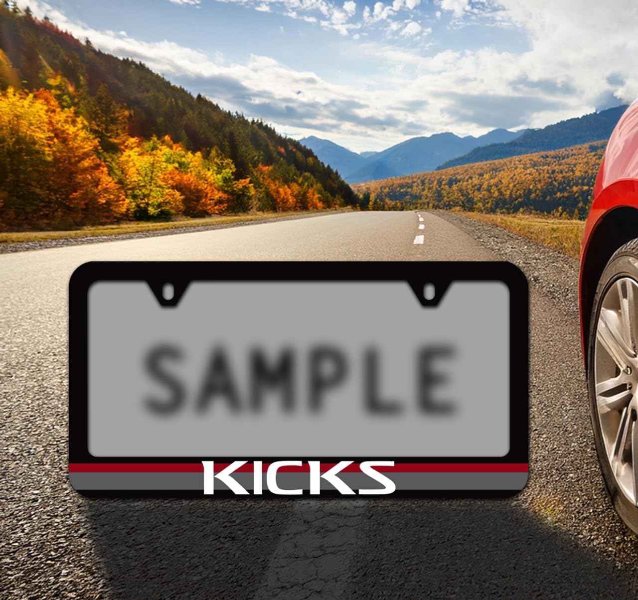 Nissan Kicks UV Printed Black Plastic License Plate Frame with Red & Gray