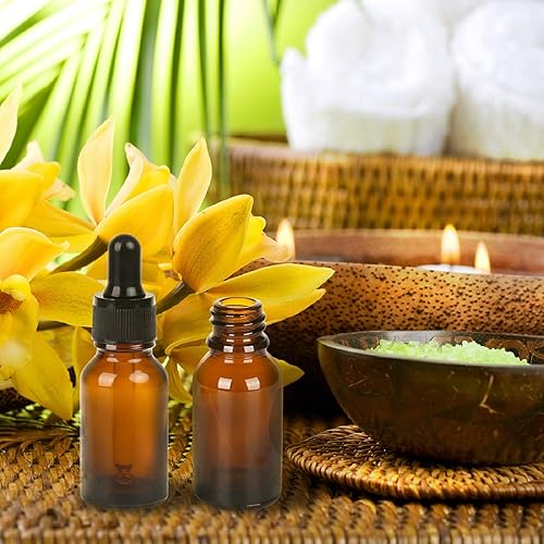 Miniatura 3 de Ruckae Juego de 36 botellas con cuentagotas de vidrio ámbar oscuro de 0.5 onzas, 0.5 fl oz, a prueba de fugas, incluye embudo y bolígrafo,