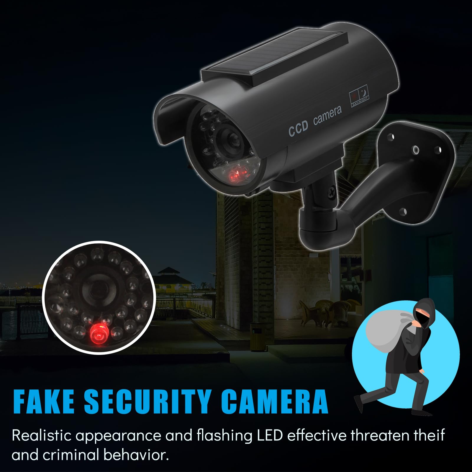 Twilight Garage Lot de 2 caméras de vidéosurveillance factices solaires étanches avec lumière LED rouge clignotante et autocollant d'avertissement de sécurité, utilisation en intérieur et en extérieur