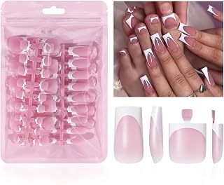 60PCS French Tip Press on Nails Set for Hands and Feet, Square Pink and White Fake Nails with Toenails, Acrylic Glue on Nails Kit for Women Girls, Full Cover False Nails for Manicure Pedicure