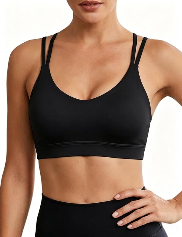 Buauty Strappy Sports Bras for Women, Double Spaghetti Strap Wireless Padded Yoga Workout Bra Top
