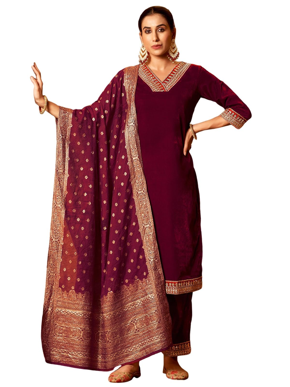 Sanisa Women's Velvet Sequins Embroidery Straight Kurta With Pant And Dupatta Set (219Kbd2321N-L_Maroon)