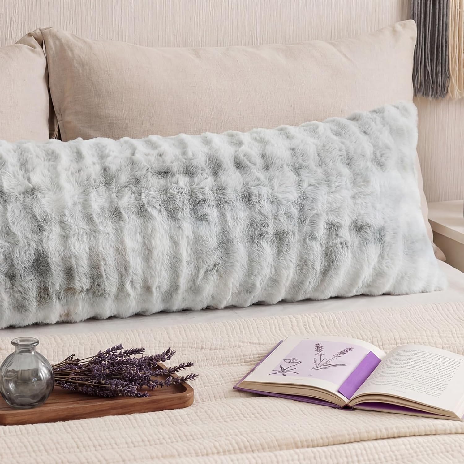 Gray Fluffy Body Pillow Cover Faux Fur Pillowcase Extra Soft Fuzzy Plush Long Pillow Cover Gradient Gray Shaggy Body Pillow Case for Couch Sofa Bed, 20 x 54 Inches