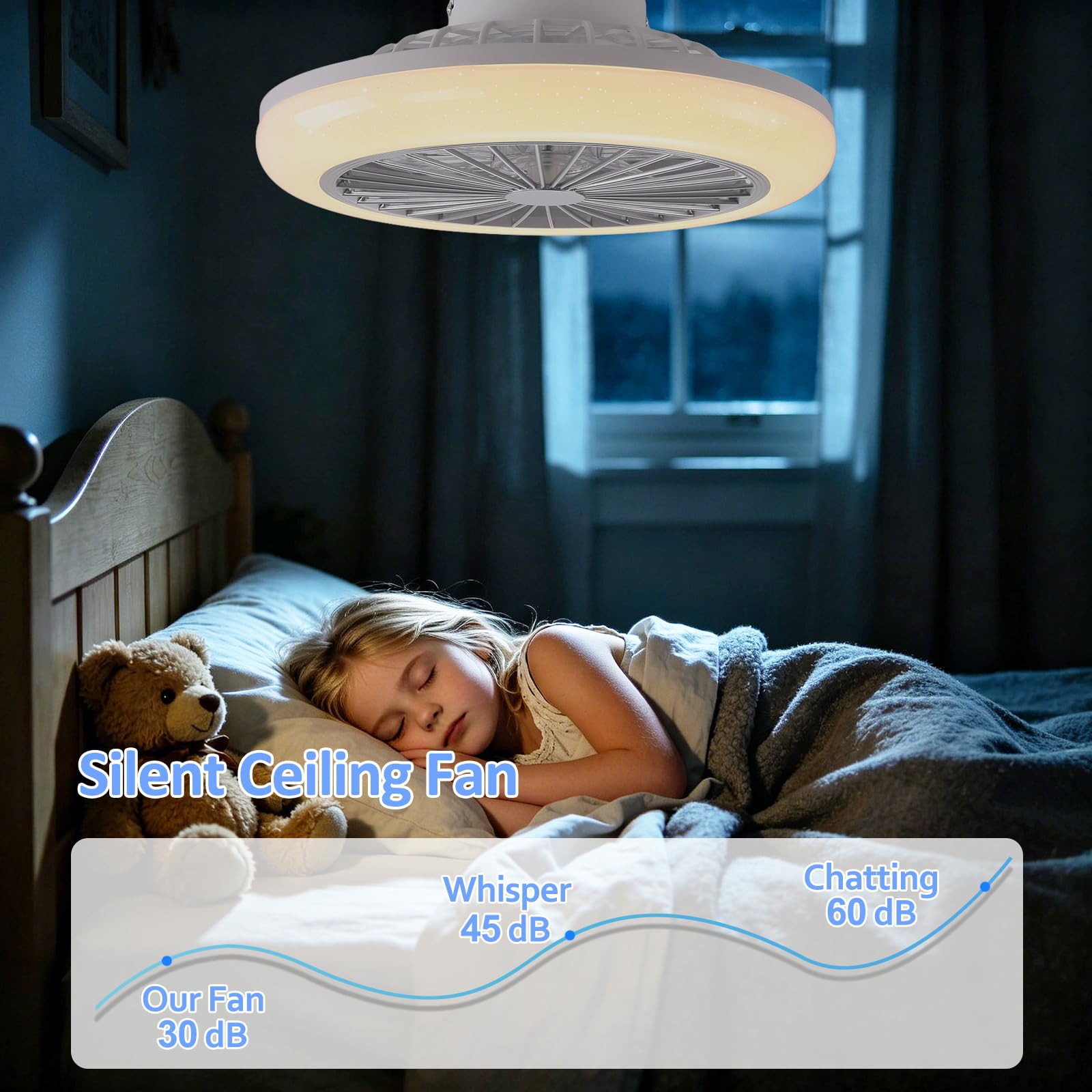 Deckenventilator mit Beleuchtung RGB 45cm Schlafzimmer, mit Lautsprecher | Fernbedienung und APP, Dimmbar, 6 Windstufen Reversibel, Leise, Timer