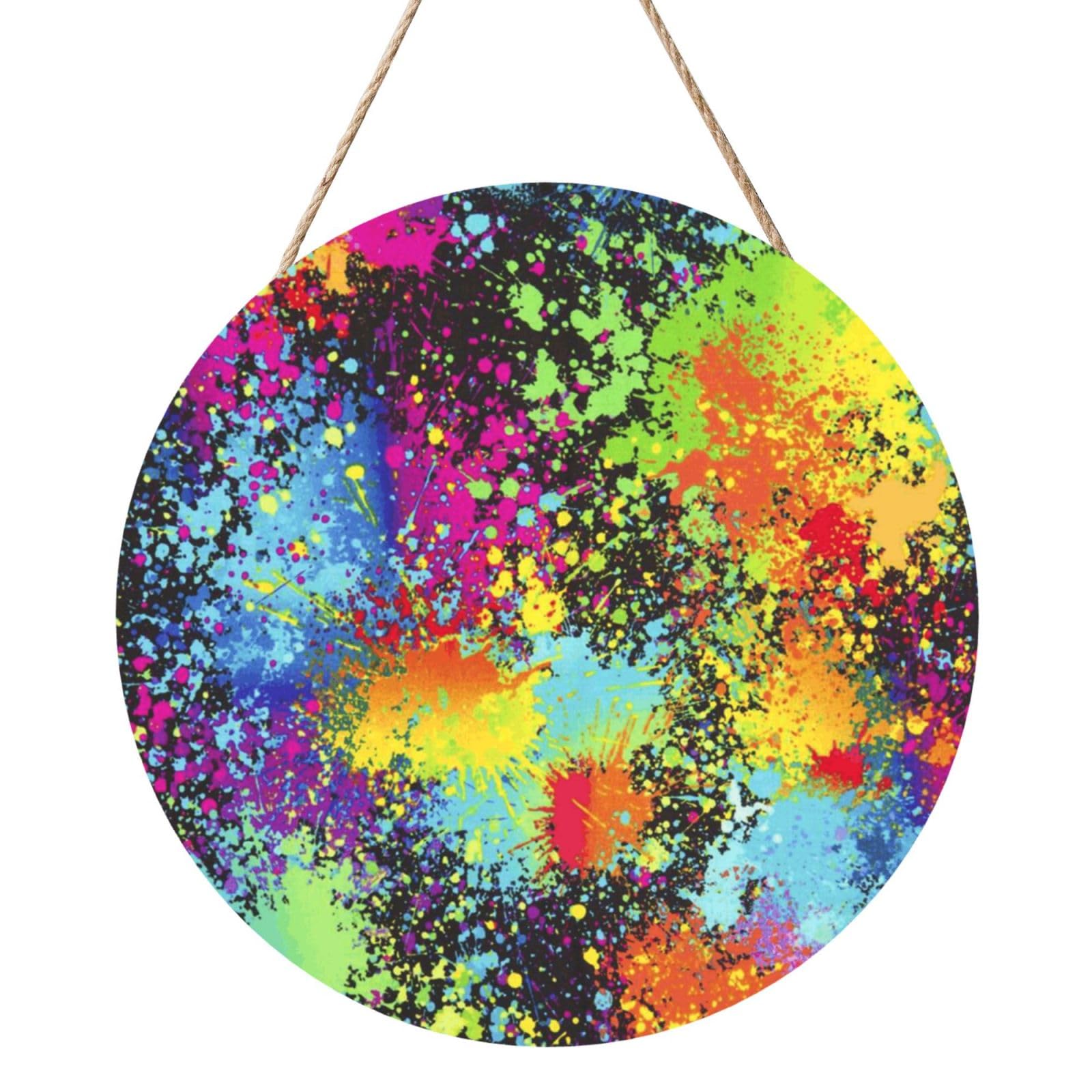 InOmak Rainbow Of Neon Paint Splatters, Round Wood Panel Painting 12 in, Wall Hanging Painting For Home