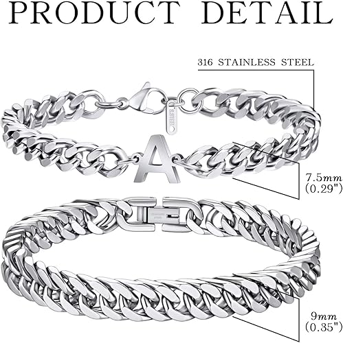 Miniatura 5 de Ritach Initial Bracelets for Men Silver, 2PCS Stainless Steel Cuban Chain Link Initial Bracelets for Mens Bracelet Set Letter A-Z Bracelets for Men