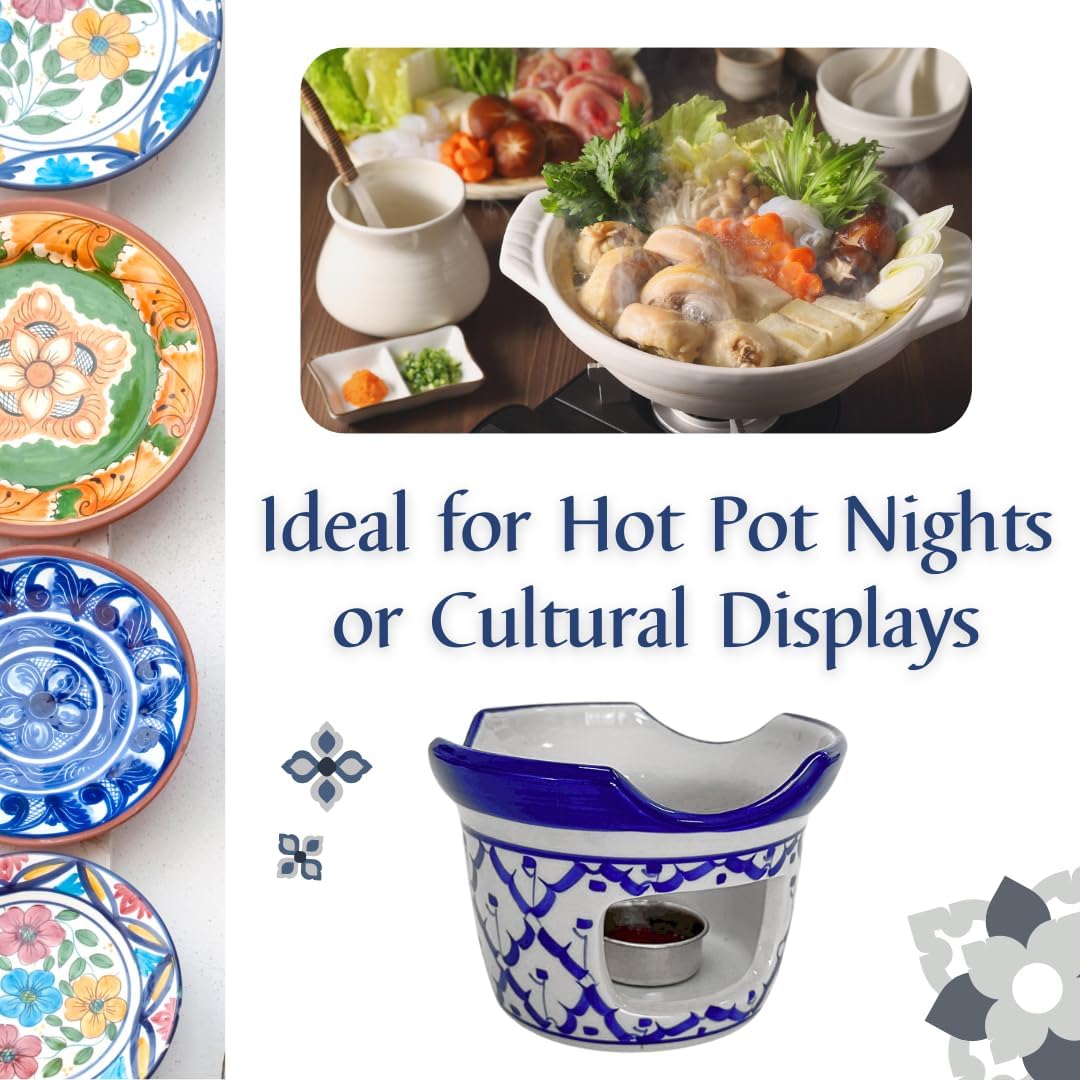 Thai Ceramic Hot Pot Set with Lid, Ladle & Stove – 6.5" Tom Yum Soup Serving Set – Traditional Thai Style Handpainted Porcelain for Hot Pot, Broth, Curry, Noodles