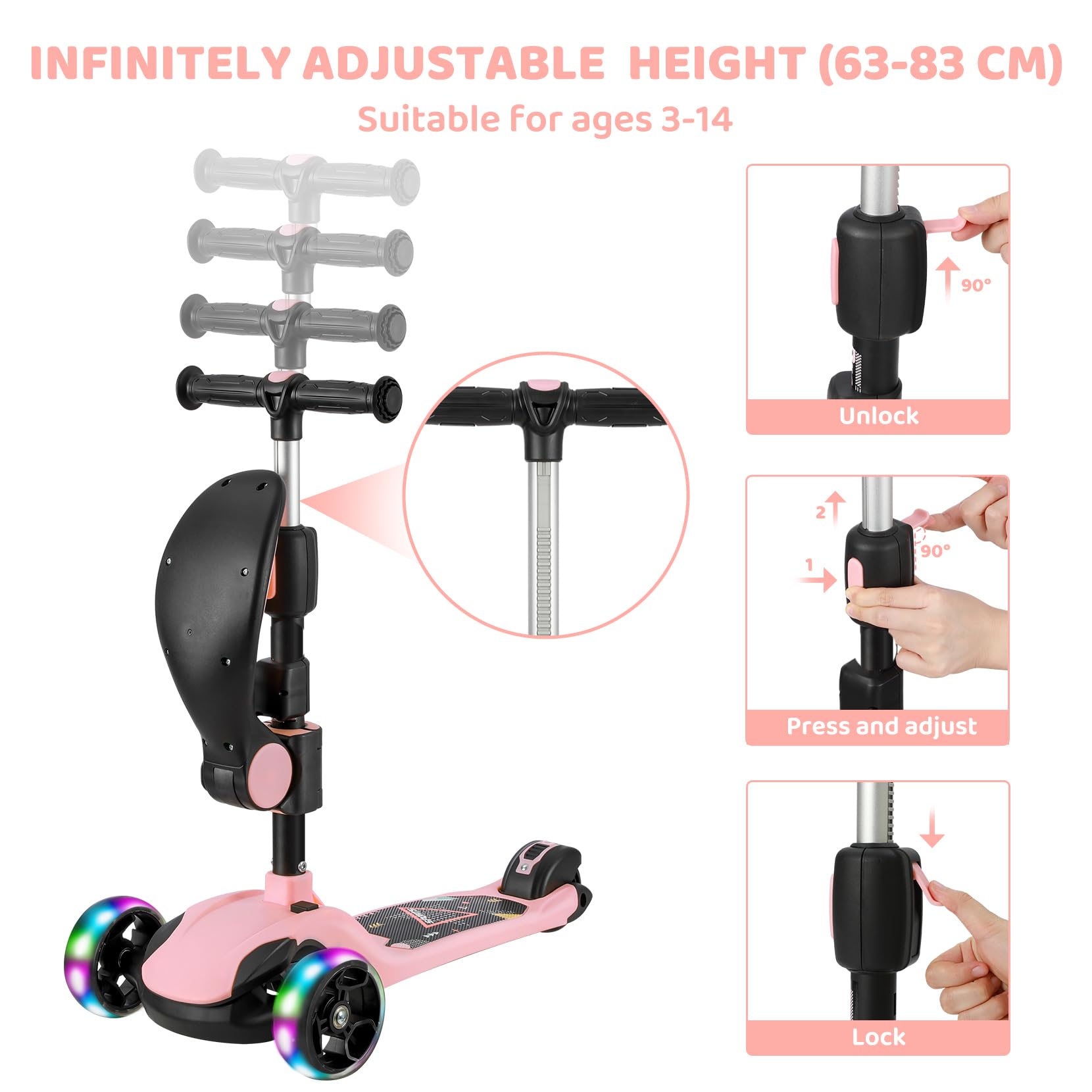Kinderroller, Roller Kinder mit LED-Rädern, Kinder Scooter mit Stufenlos Einstellbar, Faltbarer Kinderroller ab 3 Jahren