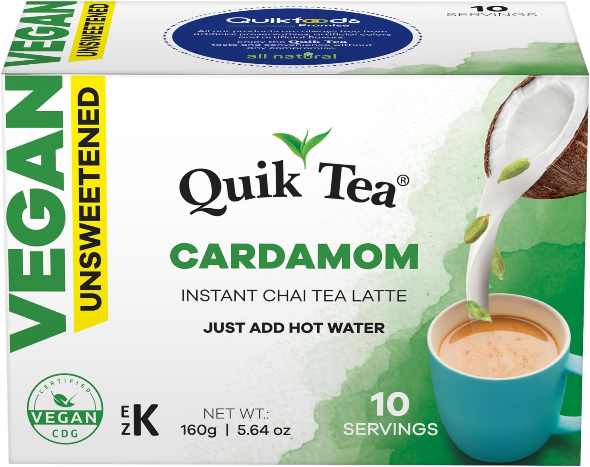 Quik Tea Vegan Unsweetened Cardamom Instant Chai Tea Latte - 10 Count Single Box - Convenient, Easy Ayurvedic Dairy Free Alternative - Just add hot water - All Natural Non GMO Superfood
