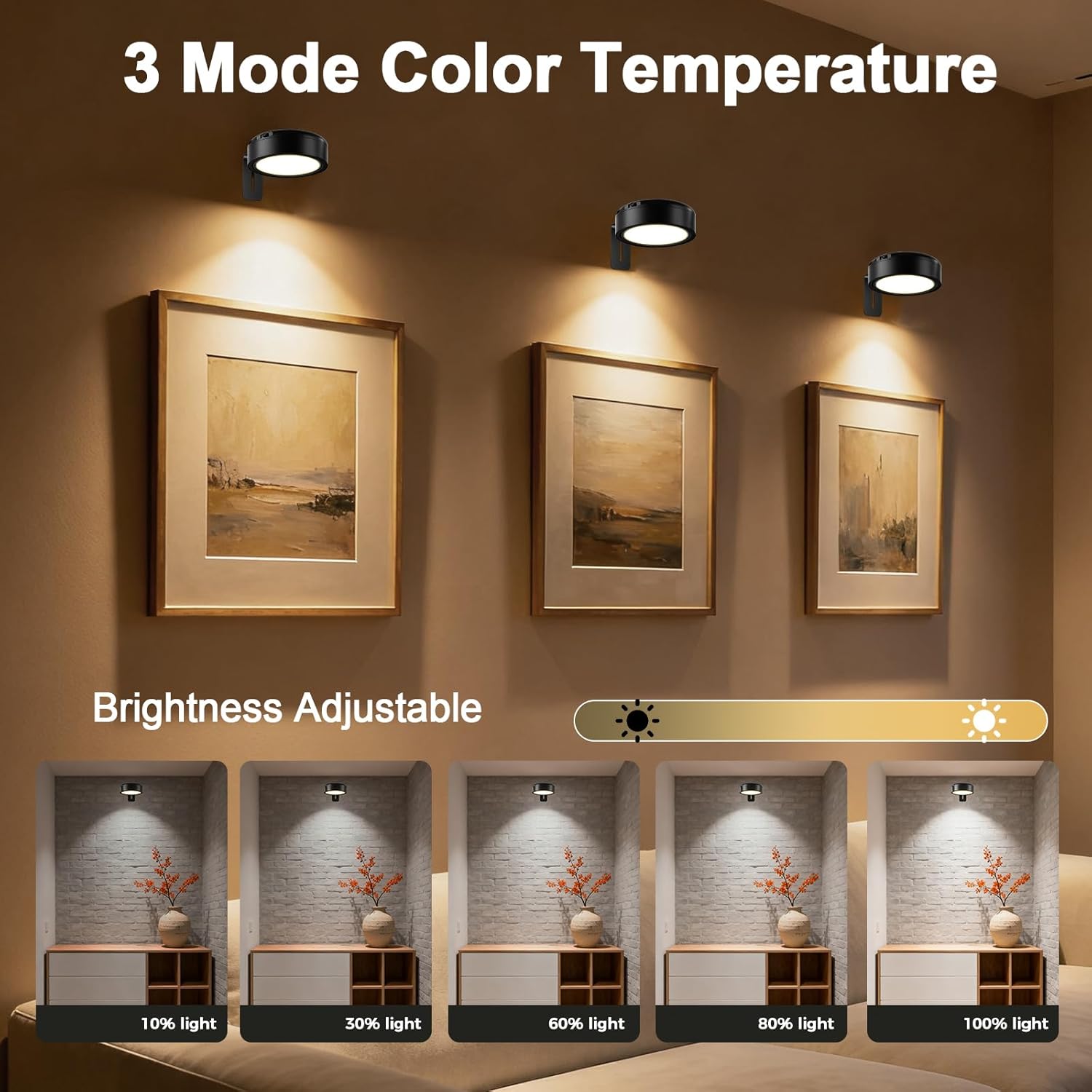 Picture Lights for Wall, 2000mAh Rechargeable Battery Powered Magnetic Lights with 3 Lighting Color Dimmable Timer Art,Poster,Gallery,Painting Display,Photos,Frame,Wall Light,Black (3 Pack)