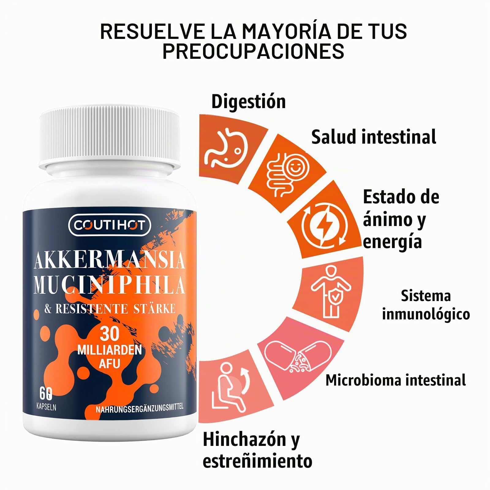 Akkermansia Muciniphila 30 Billones AFU | Con Almidón Resistente | Sin OGM y Sin Gluten para Mujeres y Hombres | 240 Cápsulas