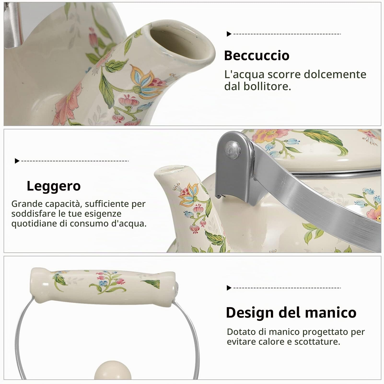BESTonZON Ceramica Smaltata Motivo Floreale Teiera con Colino Per La Stufa Teiera in Porcellana Smaltata 2 L, Bollitore smaltato bollitore sul fornello fioritura arredamento