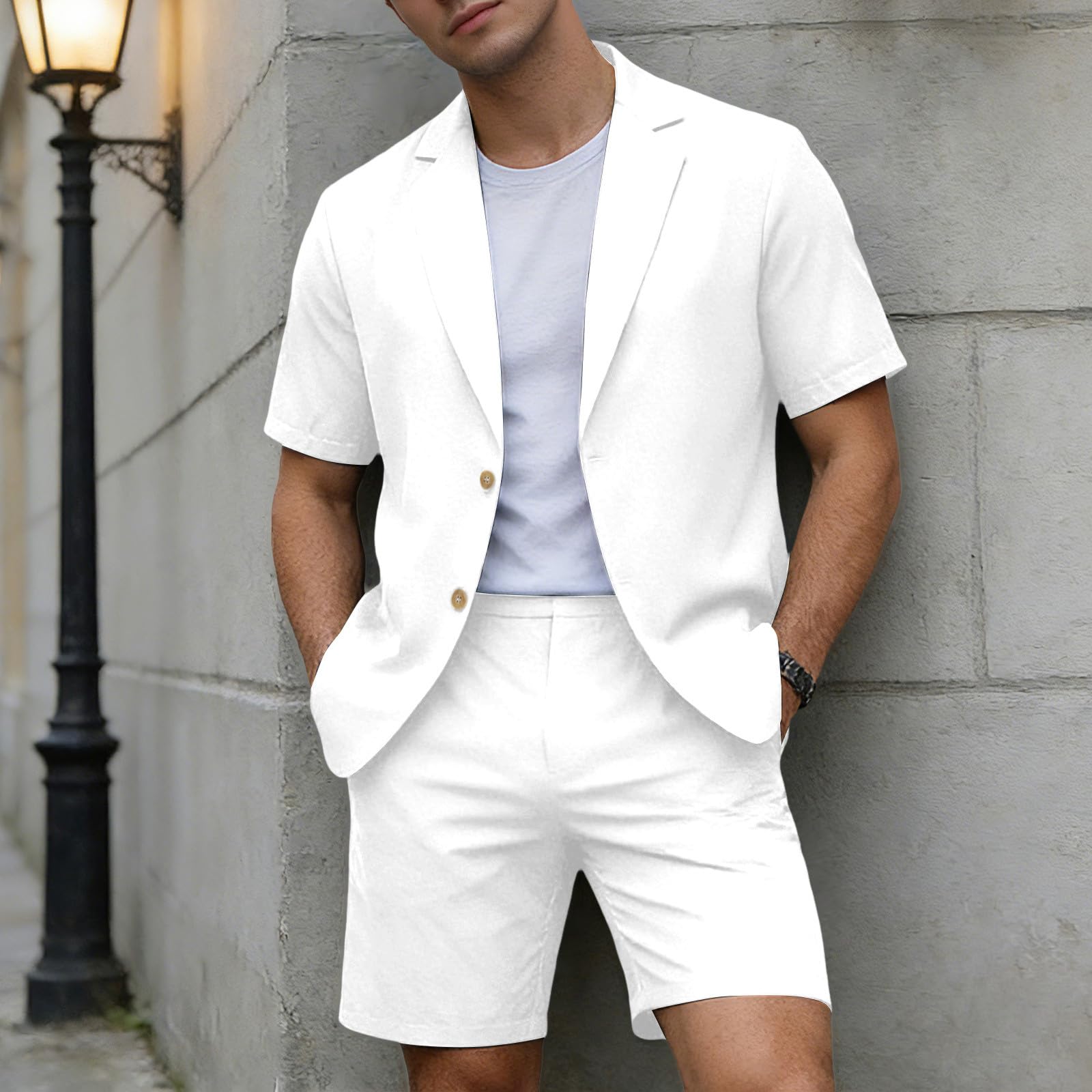 Générique Costume 2 Pièces Pour Homme Avec Veste À Manches Courtes Et Pantalon Court Pour Homme - Léger Sportif - Tenue Décontractée Pour L'Été, La Plage, Les Garçons D'Honneur, Le Mariage
