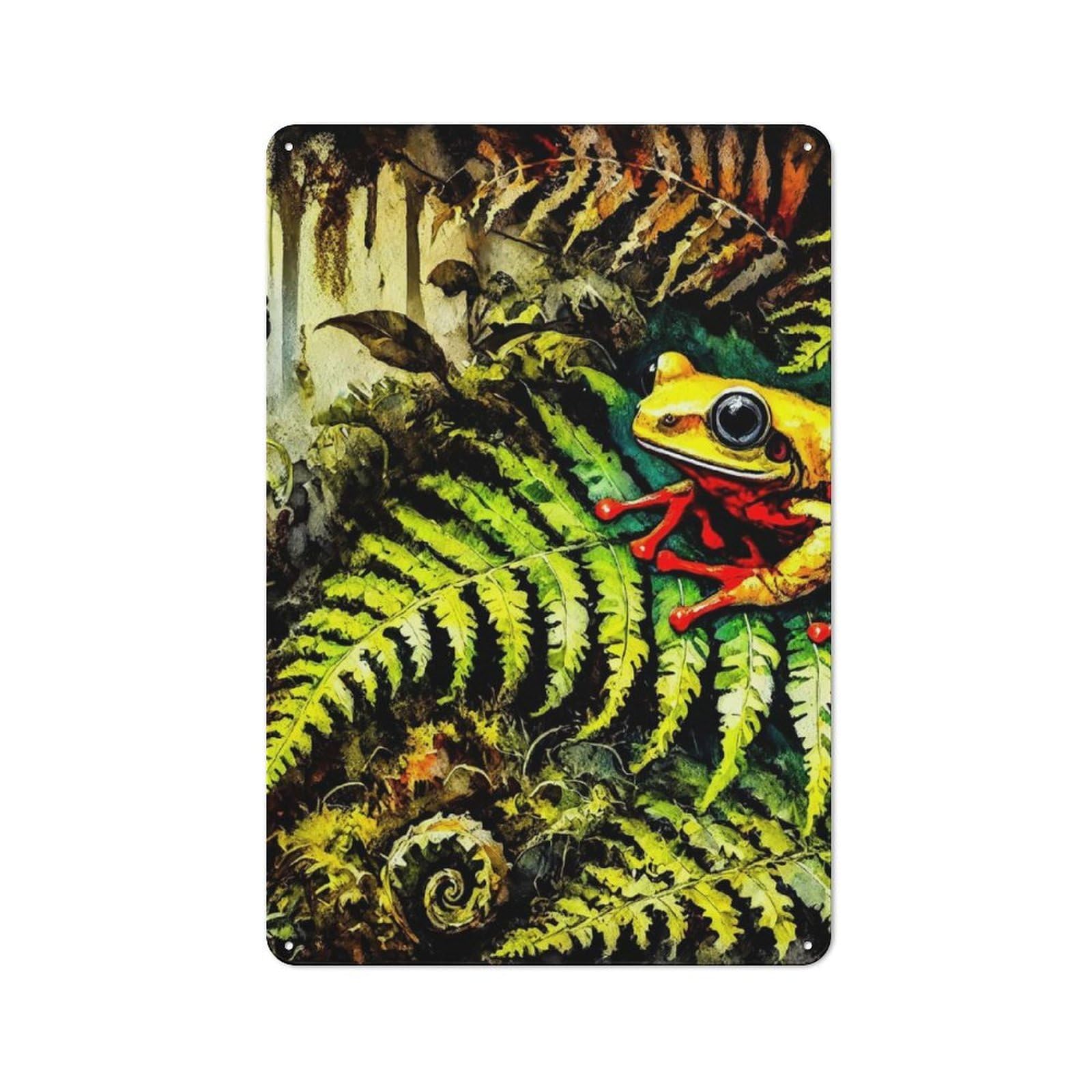 Tin Wall Plaque 30x20cm with Yellow Frog in Lush Jungle for Hallway Wall, Suited to Hallway Decor Lovers, for Retro Home Interiors