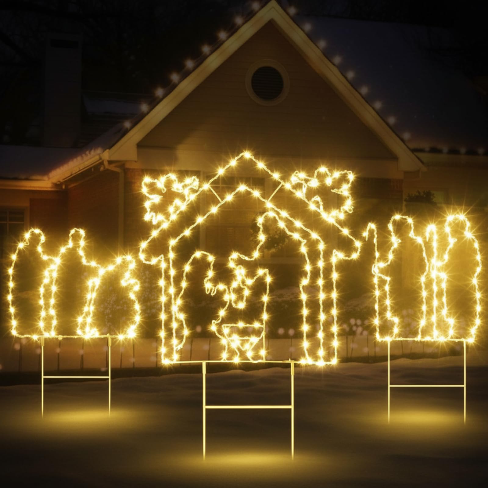 3 Pcs 37 Inch Lighted Christmas Nativity Scene Set Outdoor Yard Stakes Christmas Nativity Set Silhouette Stakes Decorations Lights Metal Holy Family Yard Sign for Lawn Home Patio Garden
