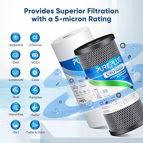 Miniatura 4 de PUREPLUS Kit combinado de filtro de agua para toda la casa de 5 micras de 4.5 x 10 pulgadas con sedimentos y filtro de bloque de carbón activado,