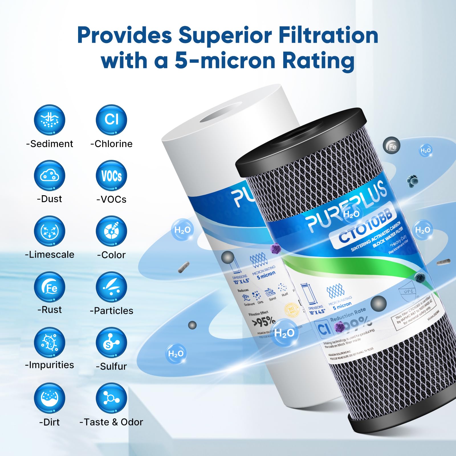 PUREPLUS Kit combinato con cartuccia filtro dell'acqua per tutta la casa, 11,4 x 25,4 cm, con filtro a blocchi di sedimenti e carbone attivo, kit di ricambio per filtraggio dell'acqua da 5 micron, 1