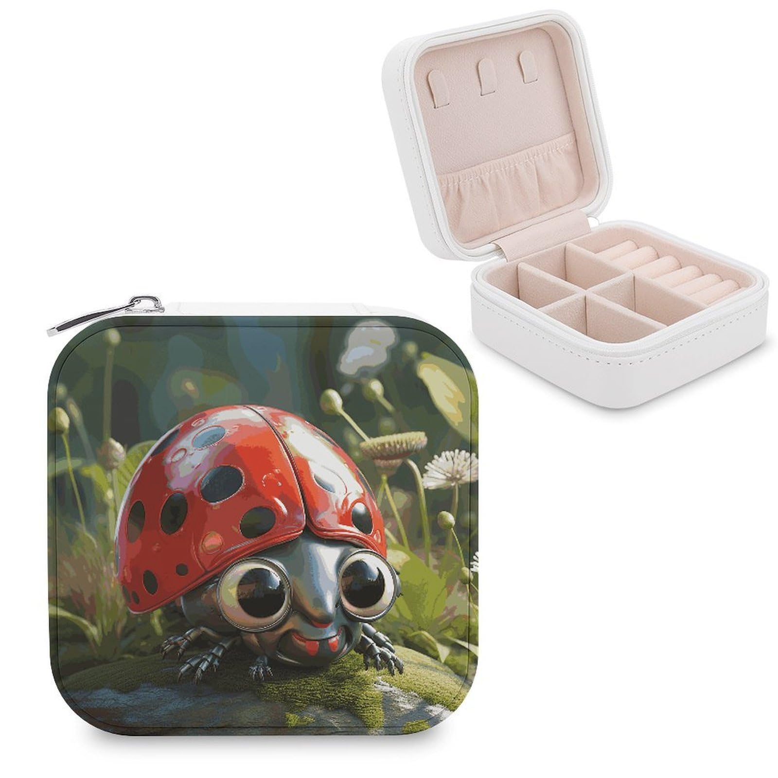 JTREHY Cartoon Ladybug Jewelry Box Personalized PU Jewelry Box Exquisite Jewelrys Organizer Case Small Portable Jewellery Storage Holder for Rings Earrings Necklaces Gifts