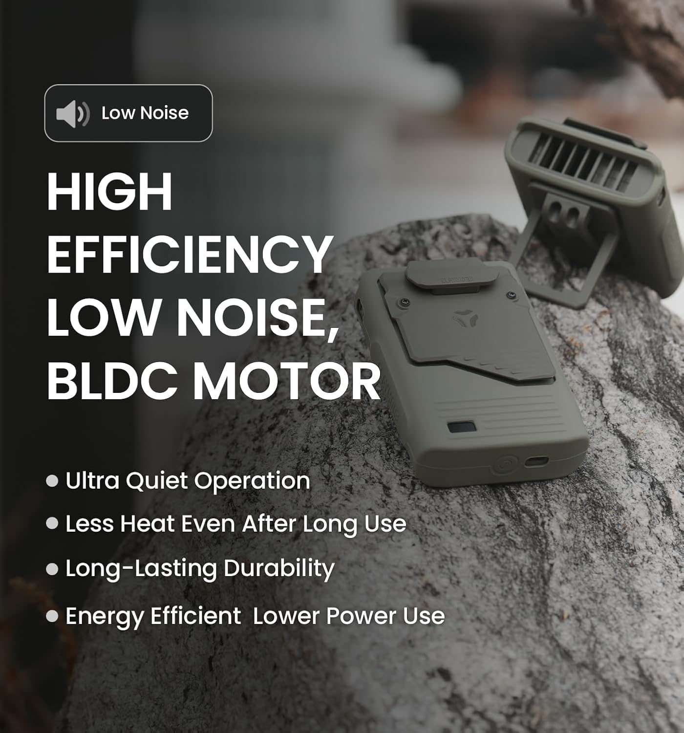 Claymore Clip Fan Khaki – Portable Rechargeable Neck Waist Wearable Fan with 5200mAh Battery, 5-Speed Quiet BLDC Motor, Hands-Free Neck Strap Design, USB-C Charging Camping, Hiking, Outdoor Use - Image 4