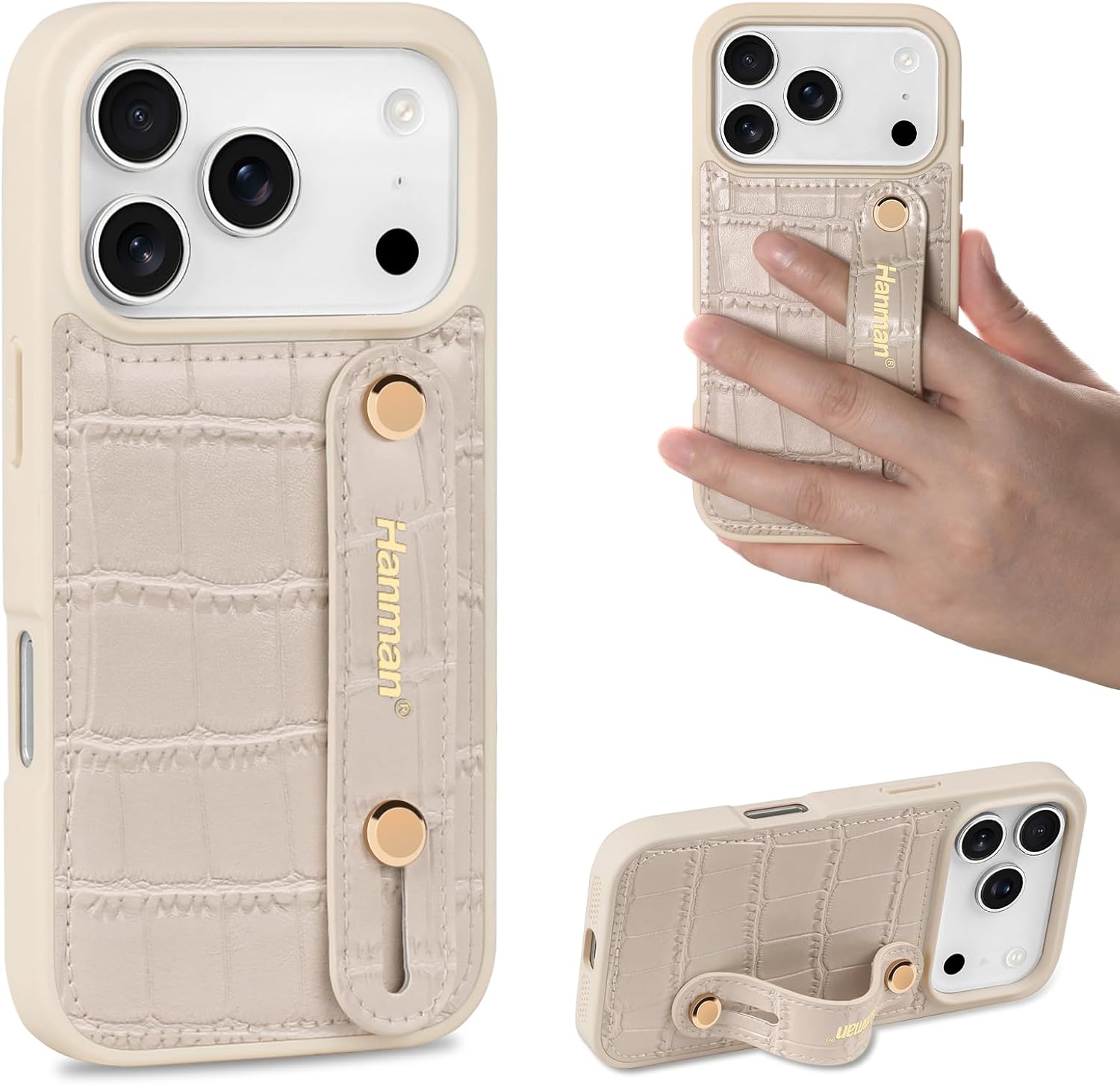 Hanman for iPhone 17 Pro Leather Case with Adjustable Wristband Strap Kickstand,Hand Strap Leather Case for iPhone 17 Pro,Crocodile Pattern HandStrap Kickstand Cover-Beige