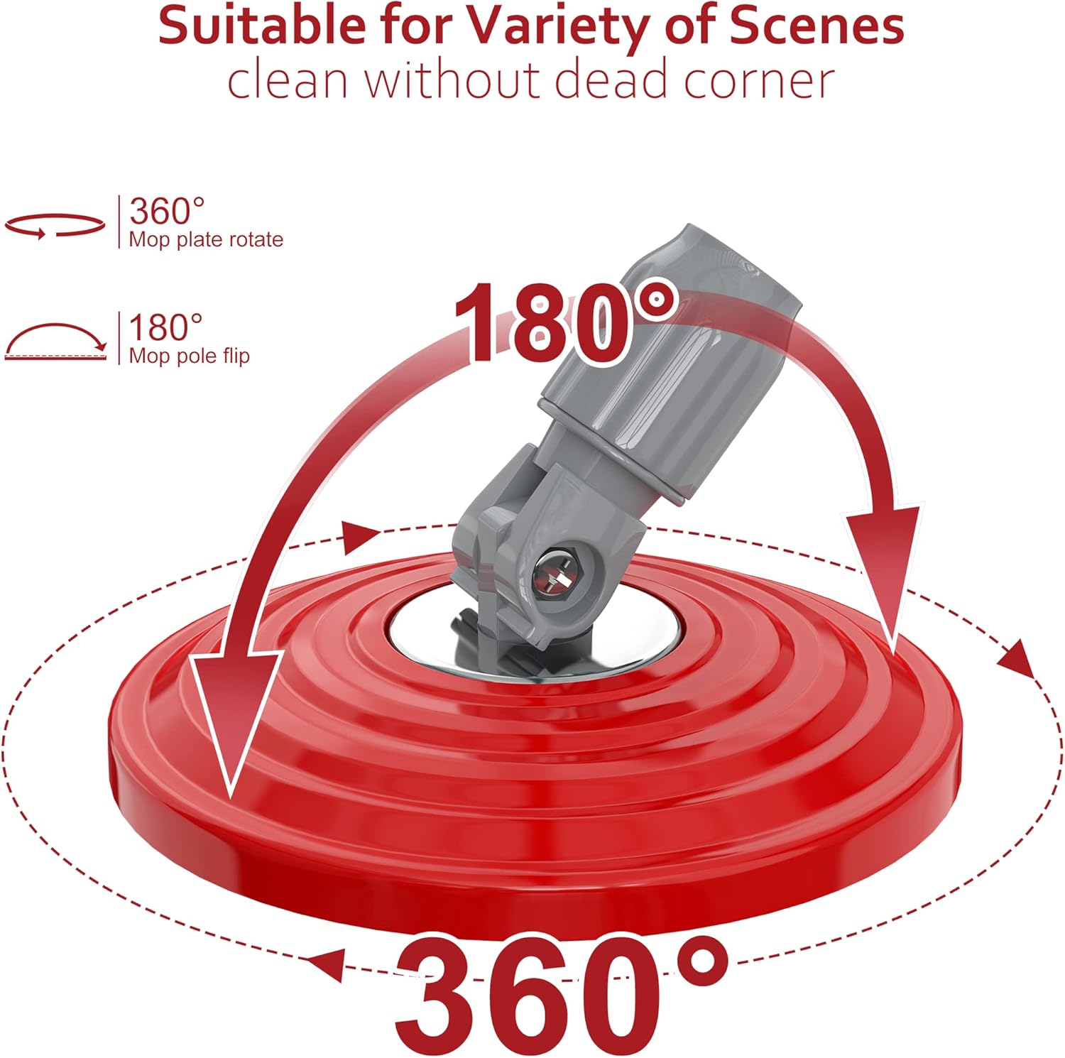 Stainless Steel Extendable Mop Handle with 2 Microfiber Replacement Heads & 360° Rotating Base Plate — Fits Standard Mop Buckets - Black