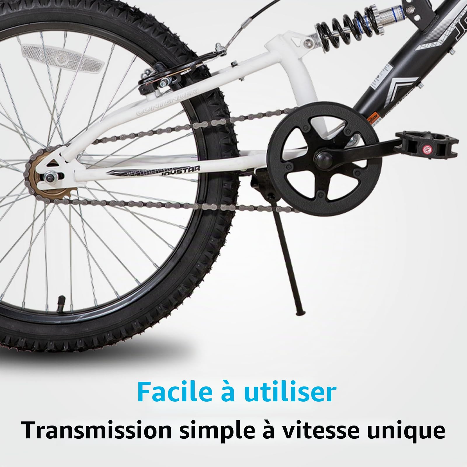 VTT Enfant joystar 20 Pouces pour garçons et Filles de 7 à 13 Ans, vélo Enfant avec Cadre en Acier entièrement Suspendu et Transmission à 1 Vitesse avec béquille