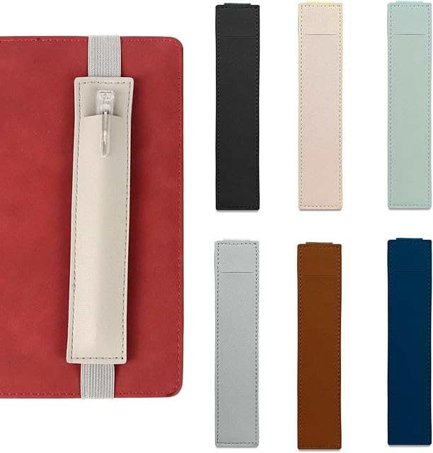 VBNZBK 6 Pcs Adjustable Elasticated Pen Sleeve,Portable Book Pen Holder,PU Leather Elastic Pencil Holder,Pen Holder Pouch for Hardcover Notebooks Journals and Planners(6 Colours)