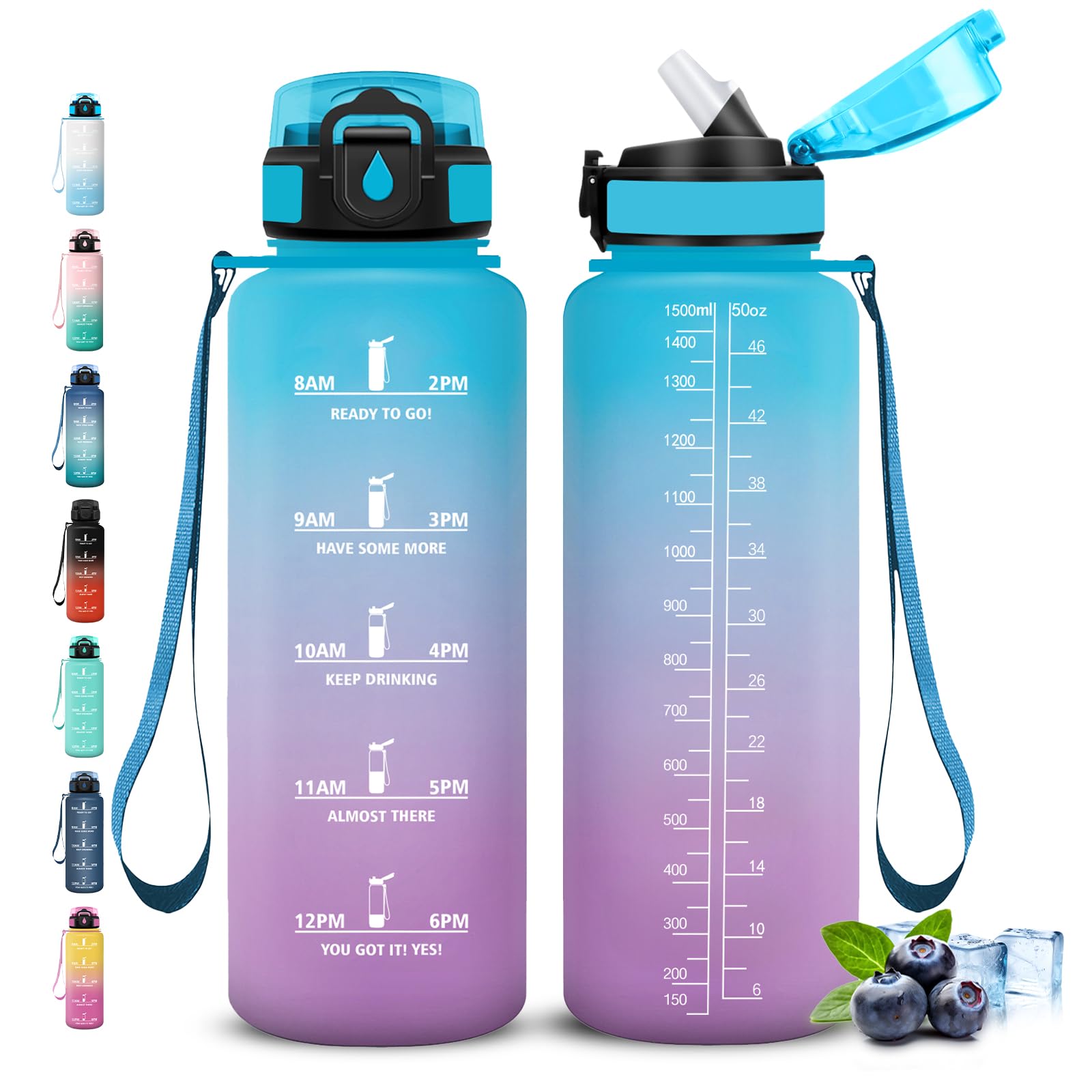 Gourde 1,5L, Gourde Sport Anti-Fuite, Gourdes avec Paille, Facile à Nettoyer, Gourdes Reutilisable avec Slogan de Motivation, Bouteille d'eau pour Running, Vélo, Camping, Randonnée