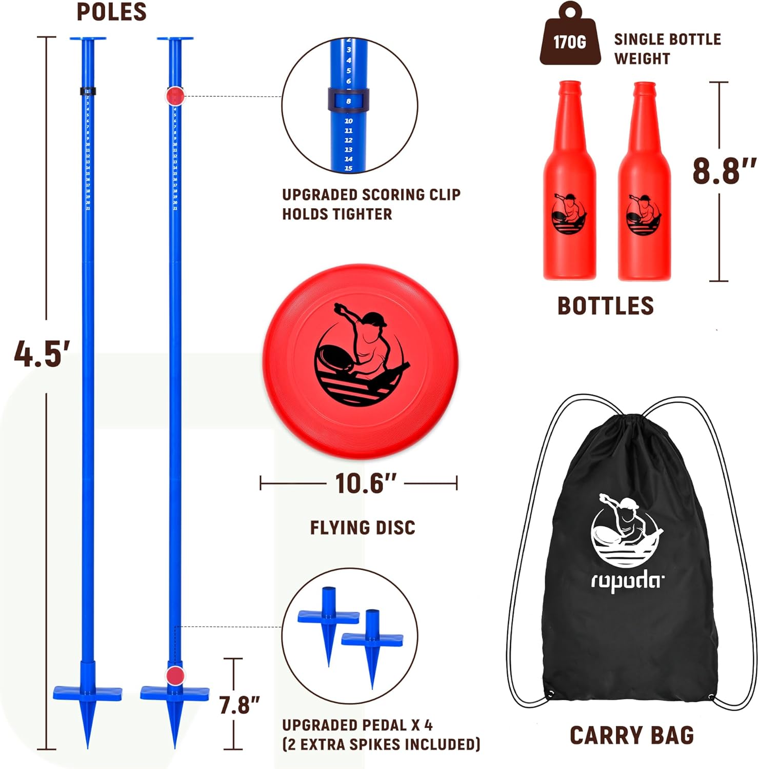 ropoda Outdoor Games -Upgraded Flying Disc Game Set with Reinforced Ground Spike(Includes 2 Extra), Portable Disc Toss Game for Lawn and Beach with Thicker Pole