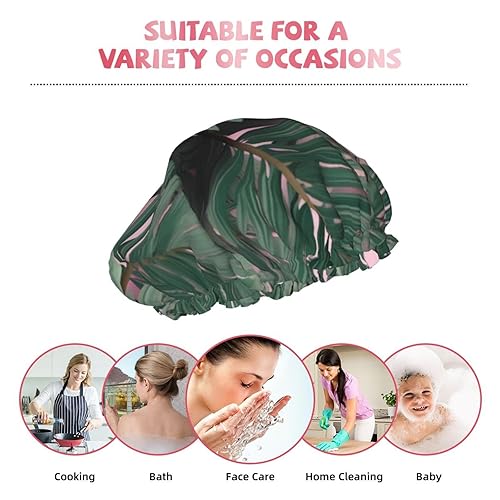 Miniatura 9 de Gorro de ducha con estampado de hojas de palmera verde rosa para mujer, gorro de baño impermeable reutilizable de doble capa, gorro de ducha para