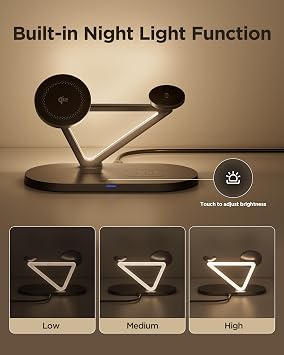 PISEN Mag-Safe Wireless Charger Stand - 3-in-1 Wireless Charging Station, Qi2 Certified 15W Mag-Safe Wireless Charger Stand with Night Light for iPhone 17/16/15/14/13/12 Series, Apple Watch, AirPods