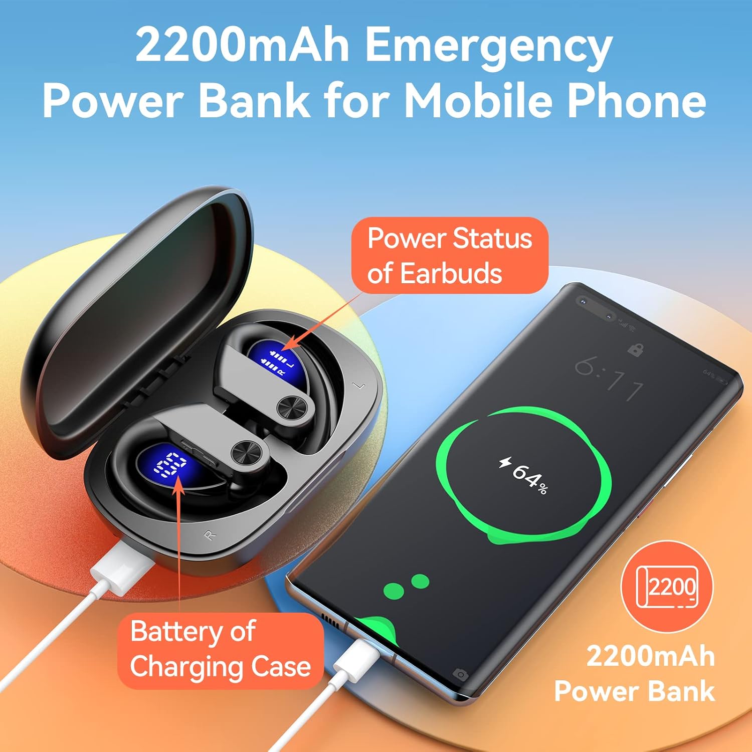 bluetooth headphones wireless earbuds 90h playtime with 2200mah charging case dual digital display ear buds waterproof over ear earphones with earhook