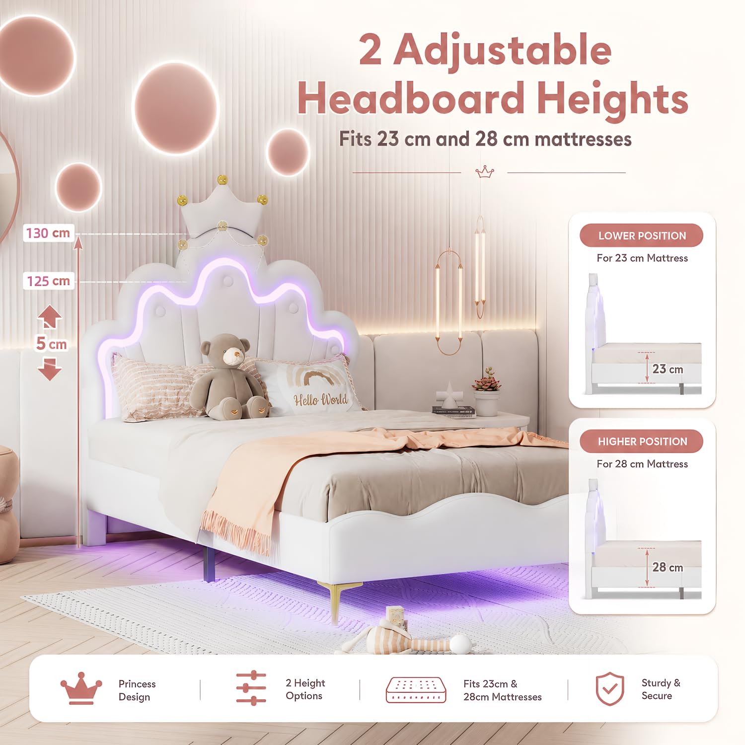 BRILVERDE Cama de Niña 90x200 con LED, Cama Princesa con cabecera coronada, Marco con somier de láminas, para niñas, para niños y adolescentes, PU (blanco, 90x200 cm)