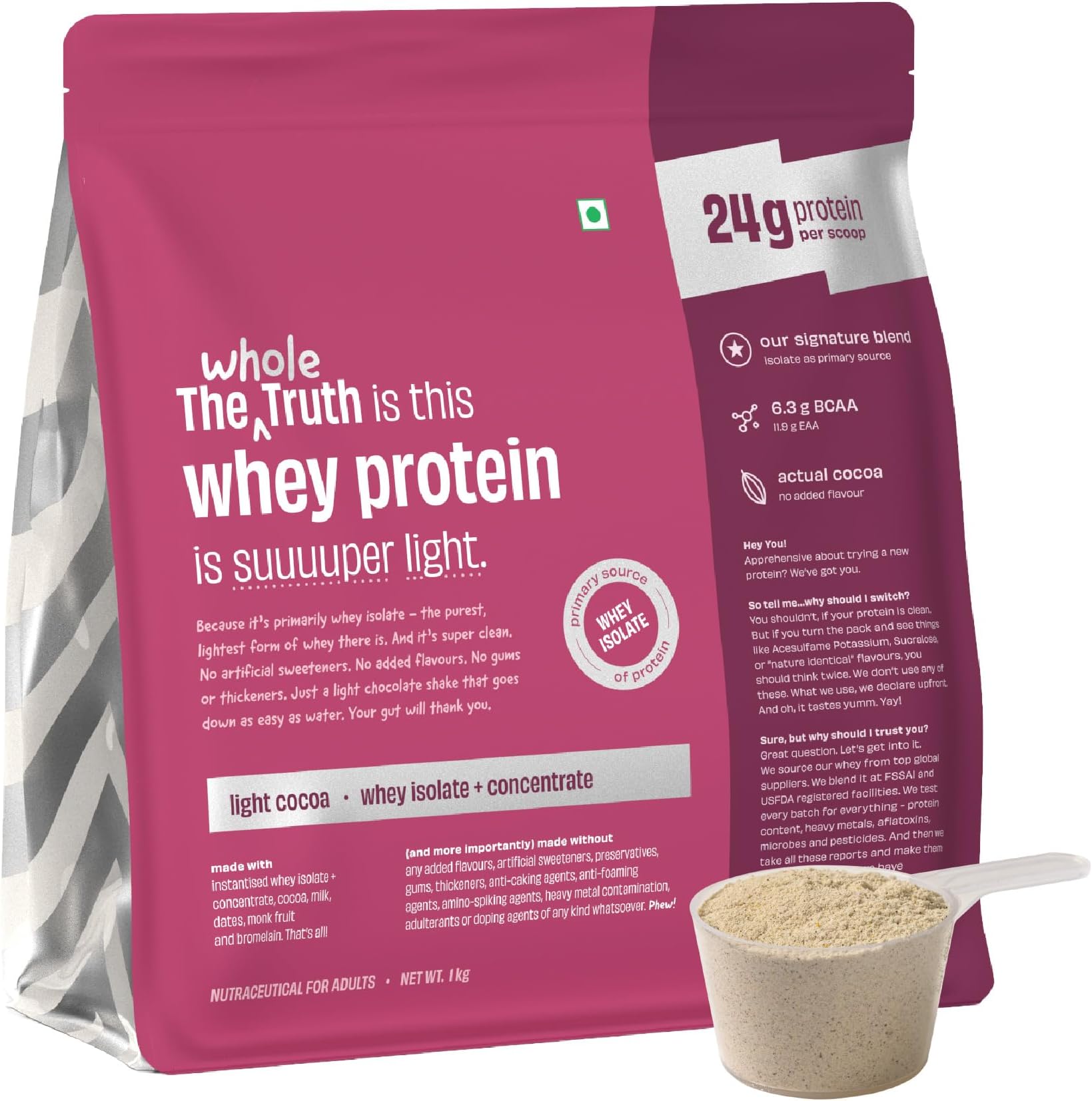 The Whole Truth Whey Protein Isolate+Concentrate | Light Cocoa 1 kg (2.2 lbs) | 24g Protein/Scoop | 6.6g BCAA | 100% Authentic Whey & No Adulteration | Clean, Light & Easy to Digest | Vegetarian