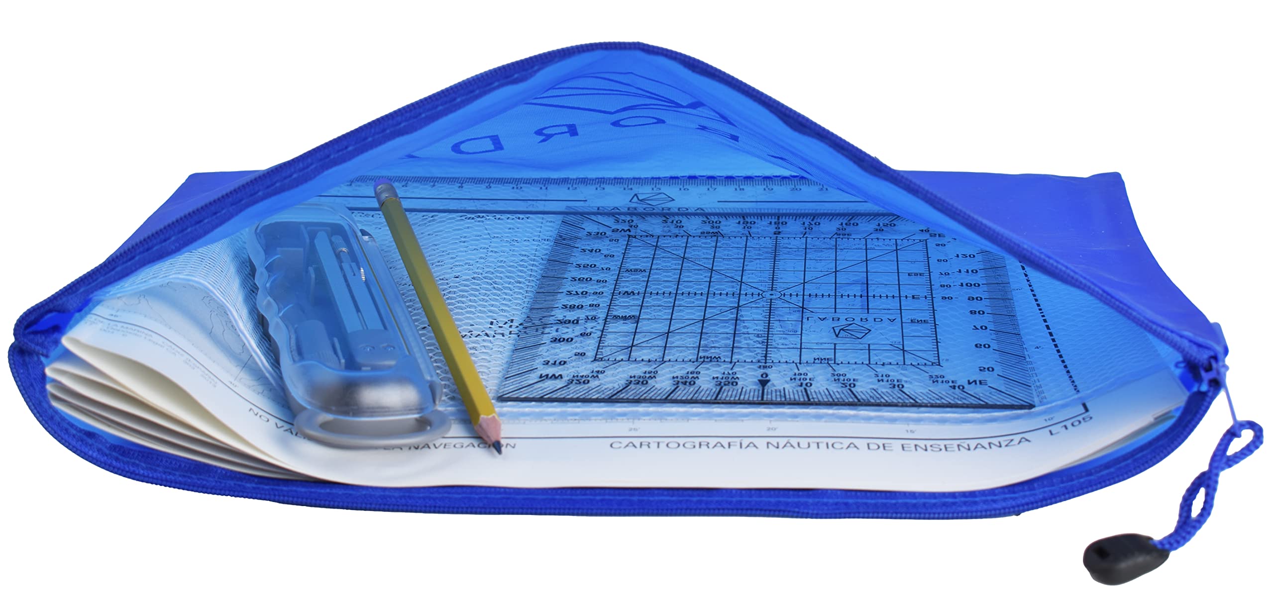Kit Examen Per - Transportador de Ángulos Náutico, 3 Cartas Náuticas, Compás, Regla, Lápiz 2HB, Estuche
