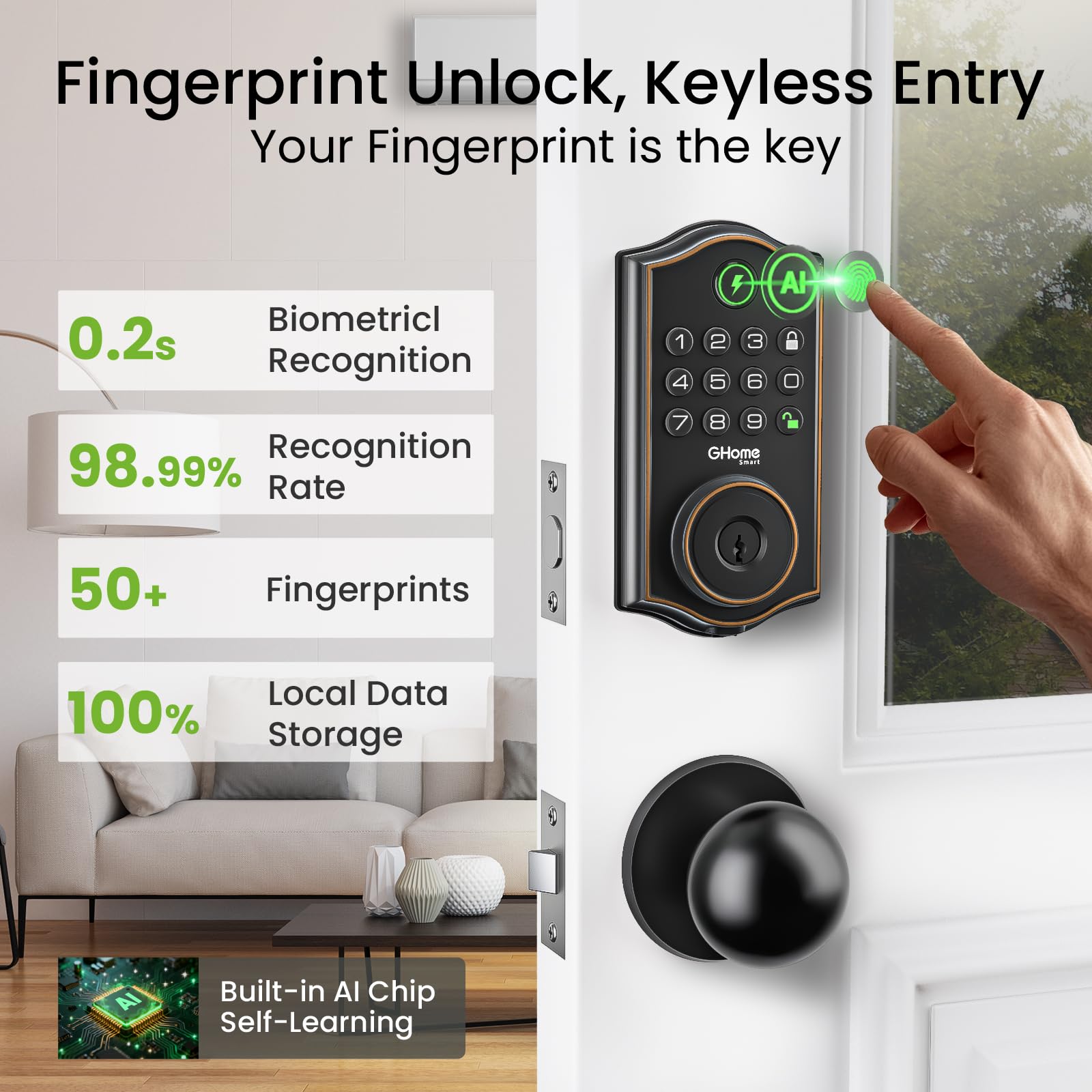 GHome Smart deadbolt Lock, Keyless Entry Door Lock for Front Door, App Remote, Auto Lock, Easy Installation, Fingerprint Door Lock with Keypad for Home, Airbnb, Apartment, Garage, Black