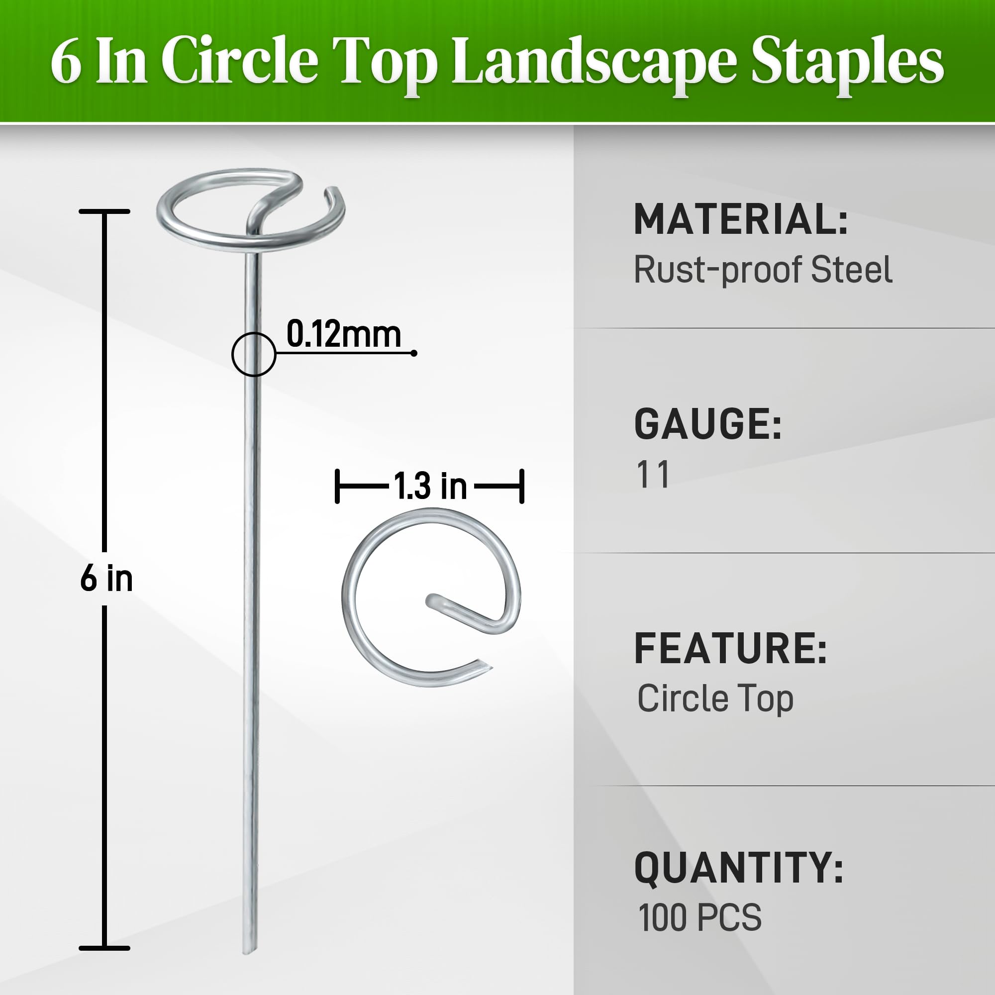 Quibbay Lot de 100 agrafes circulaires pour paysage de calibre 11, pas facile à plier, piquets en tissu galvanisé de 15,2 cm, piquets de jardin pour aménagement paysager, piquets de sol robustes