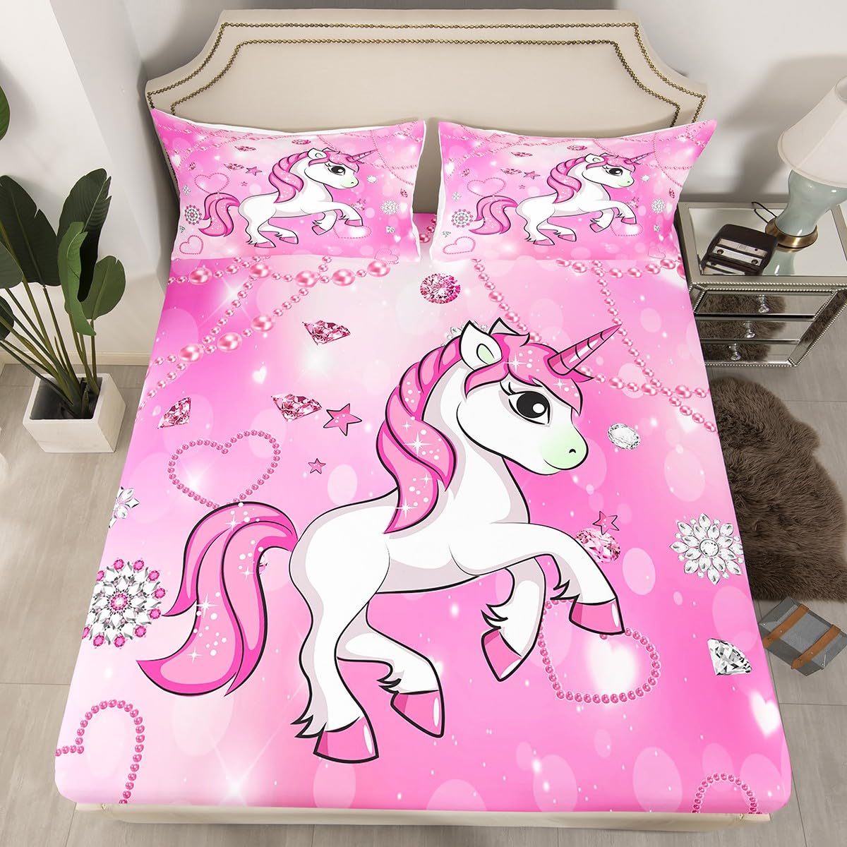 Juego de sábanas de unicornio tamaño King con 2 fundas de almohada con patrón de perlas, juego de sábanas de unicornio para niñas, sábanas rosas para niños, niñas y adultos