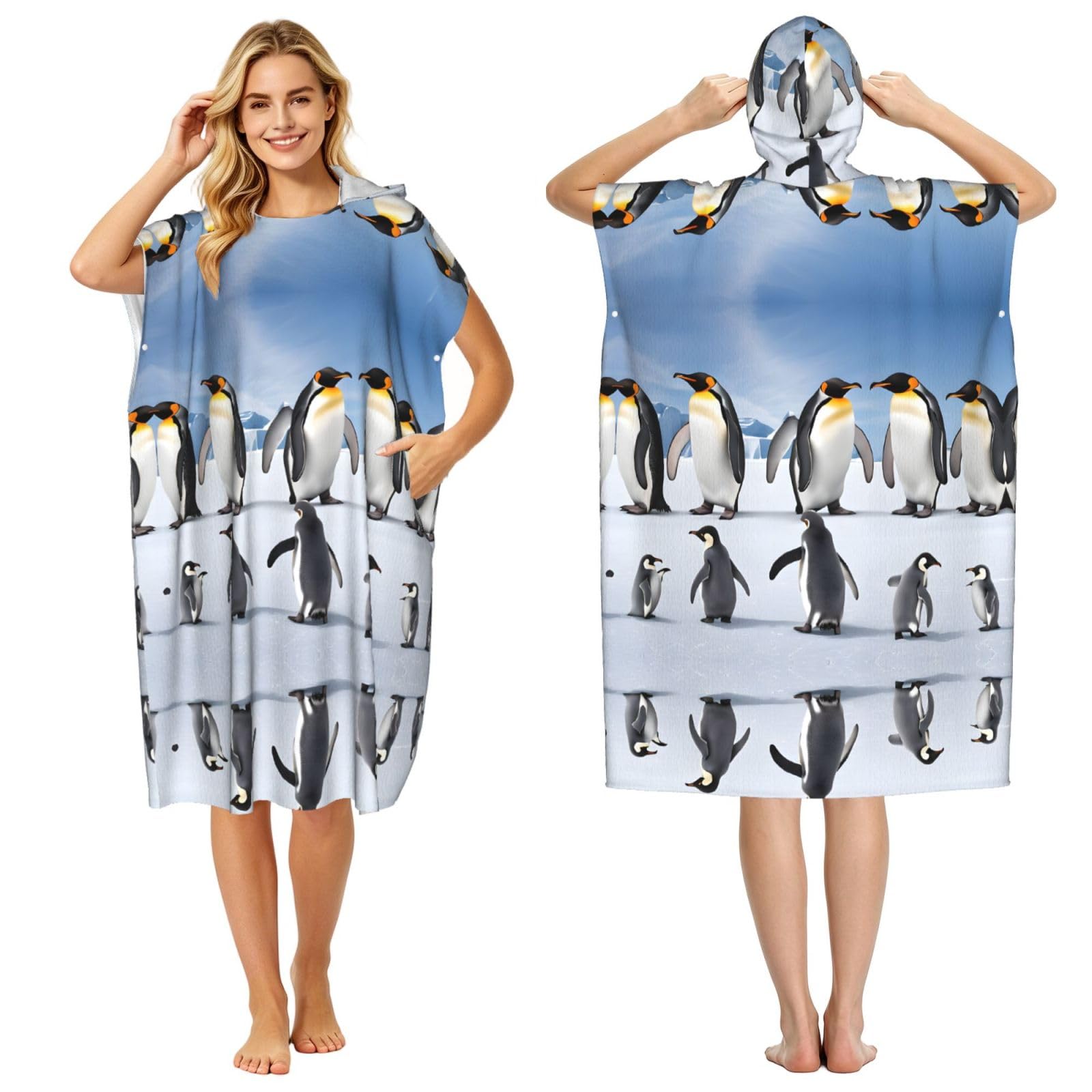 ESNAIUVCD Penguin Print Changing Robe, Hooded Towel Poncho For Swimming Pool, Beach,Quick Dry & Light Weight Towelling Poncho For Adults Women Men