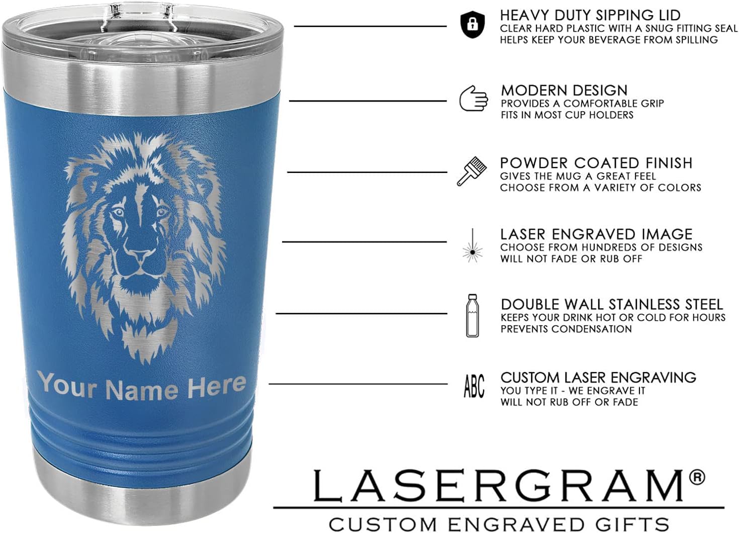 LaserGram 16oz Vacuum Insulated Pint Tumbler, Flute, Personalized Engraving Included (Dark Blue)