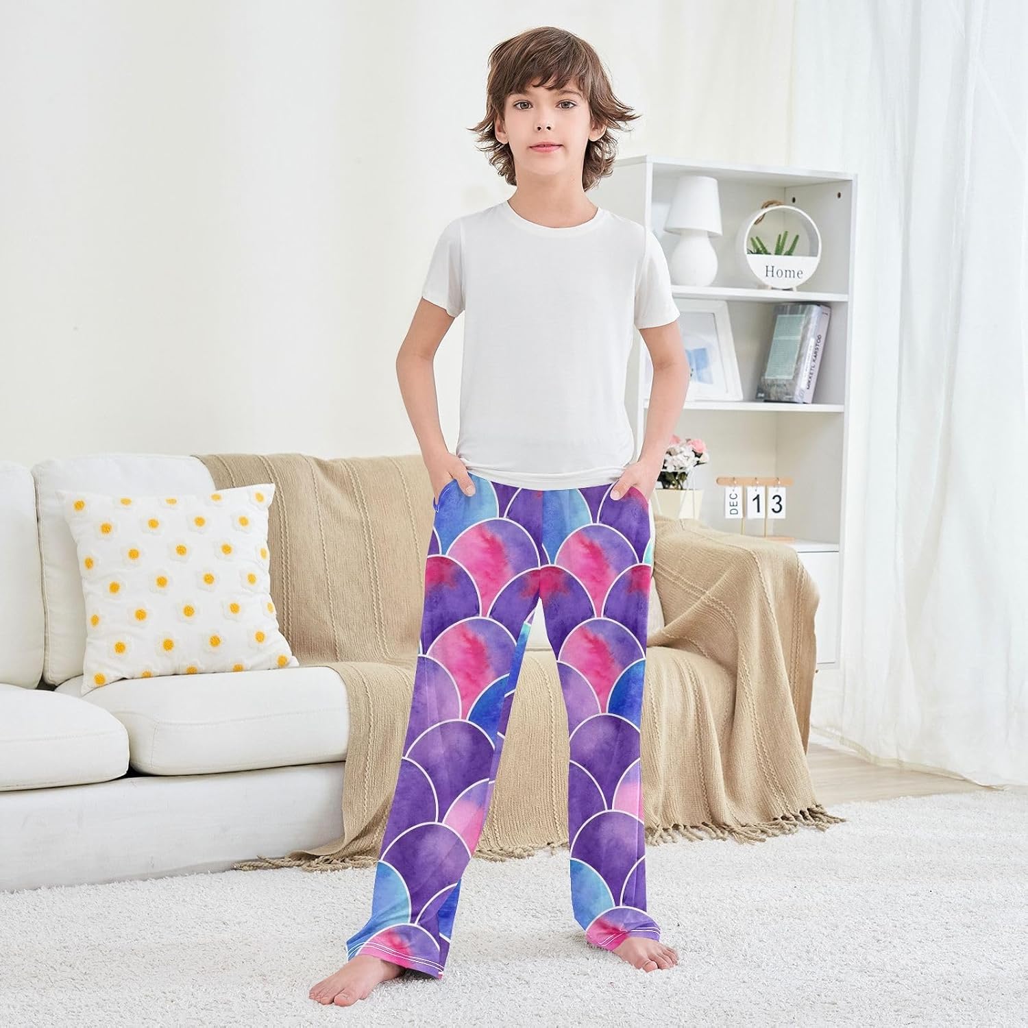 Purple Blue Pink Mermaid Pajama Pants Elastic Waist Cozy Sleepwear with Pockets